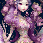 Illustrated female figure with purple hair in pink floral dress on dark background