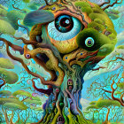 Colorful Tree Illustration with Central Eye and Surreal Forest Landscape