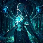 Mystical Elf Queen in Magical Forest with Glowing Orbs