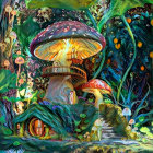 Magical fairytale mushroom village in whimsical forest at night
