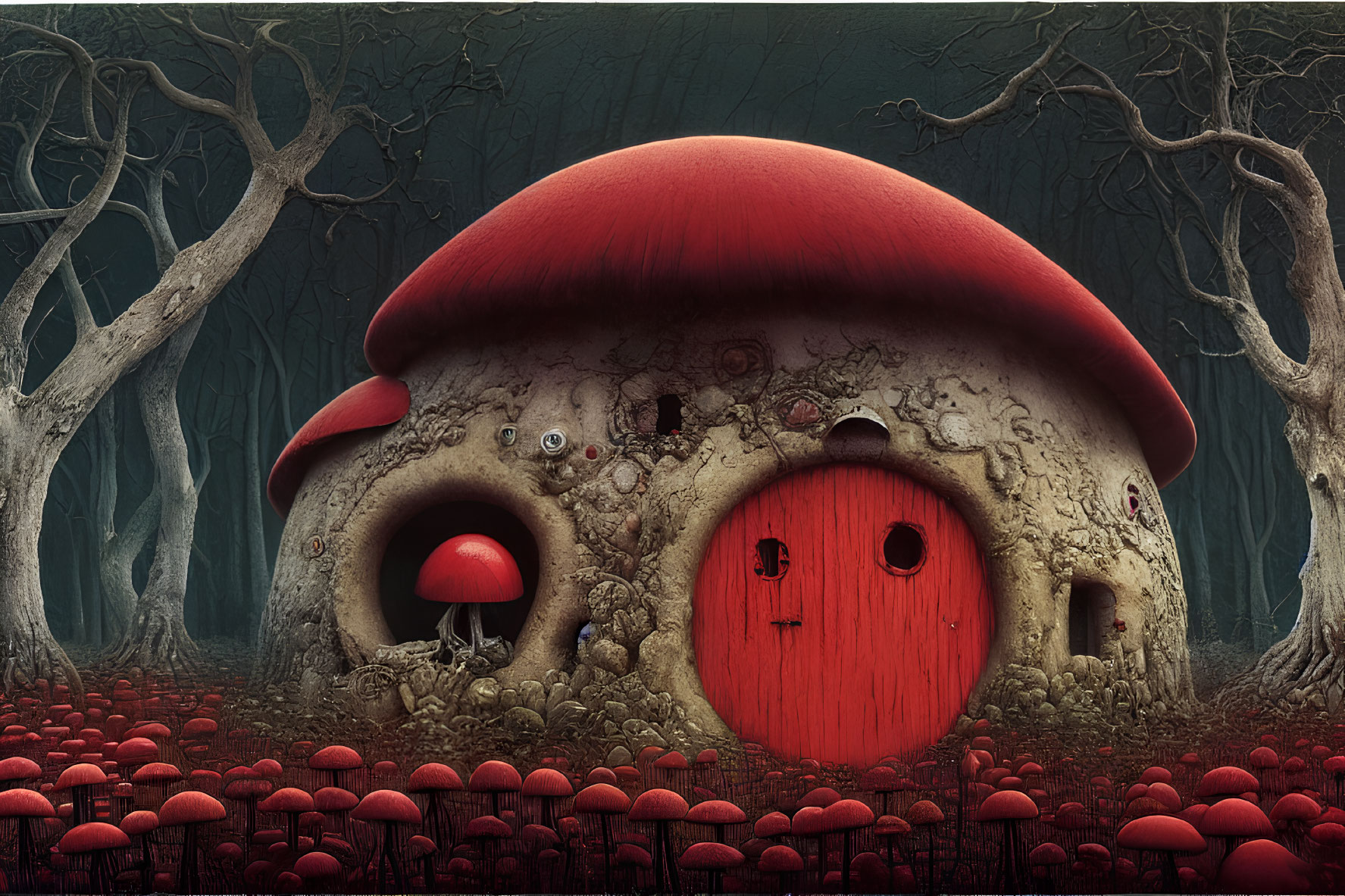 Whimsical illustration of a red-capped mushroom house in eerie forest
