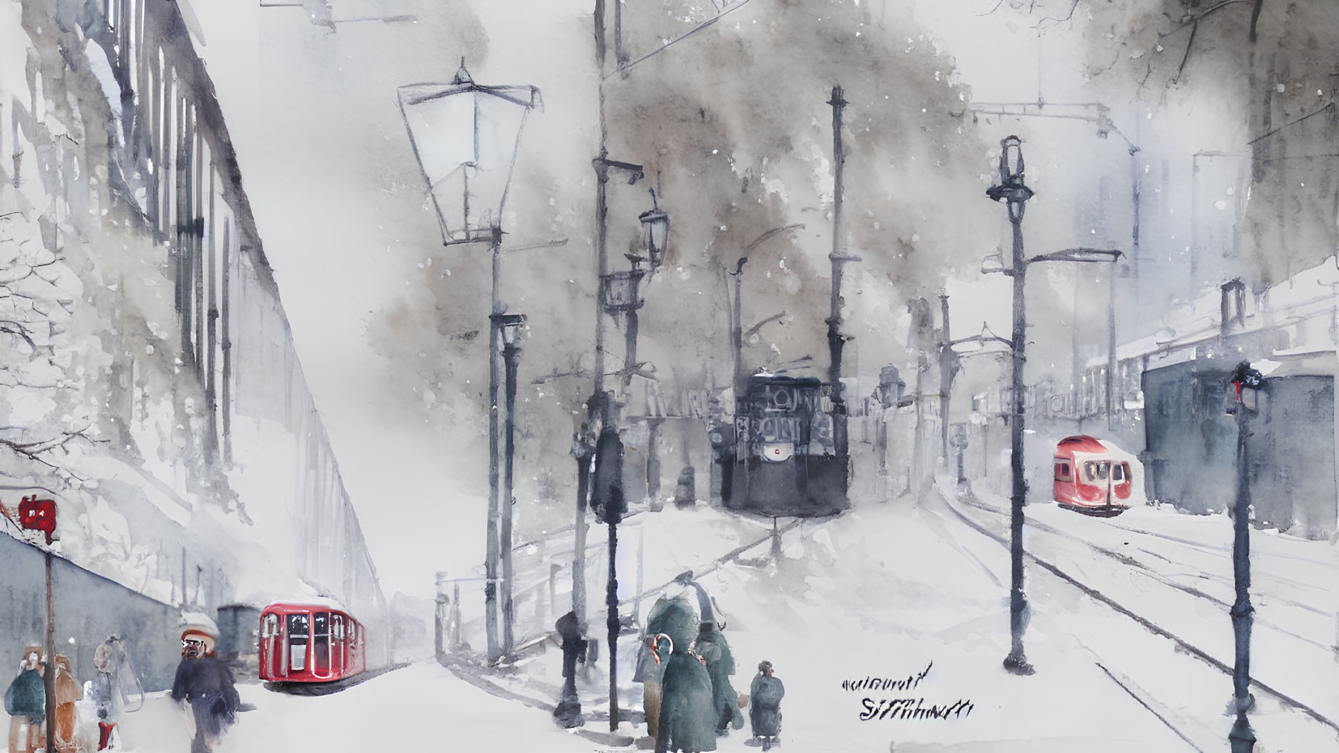 Snowy Street Scene Watercolor Painting with Pedestrians, Vintage Trams, and City Buildings
