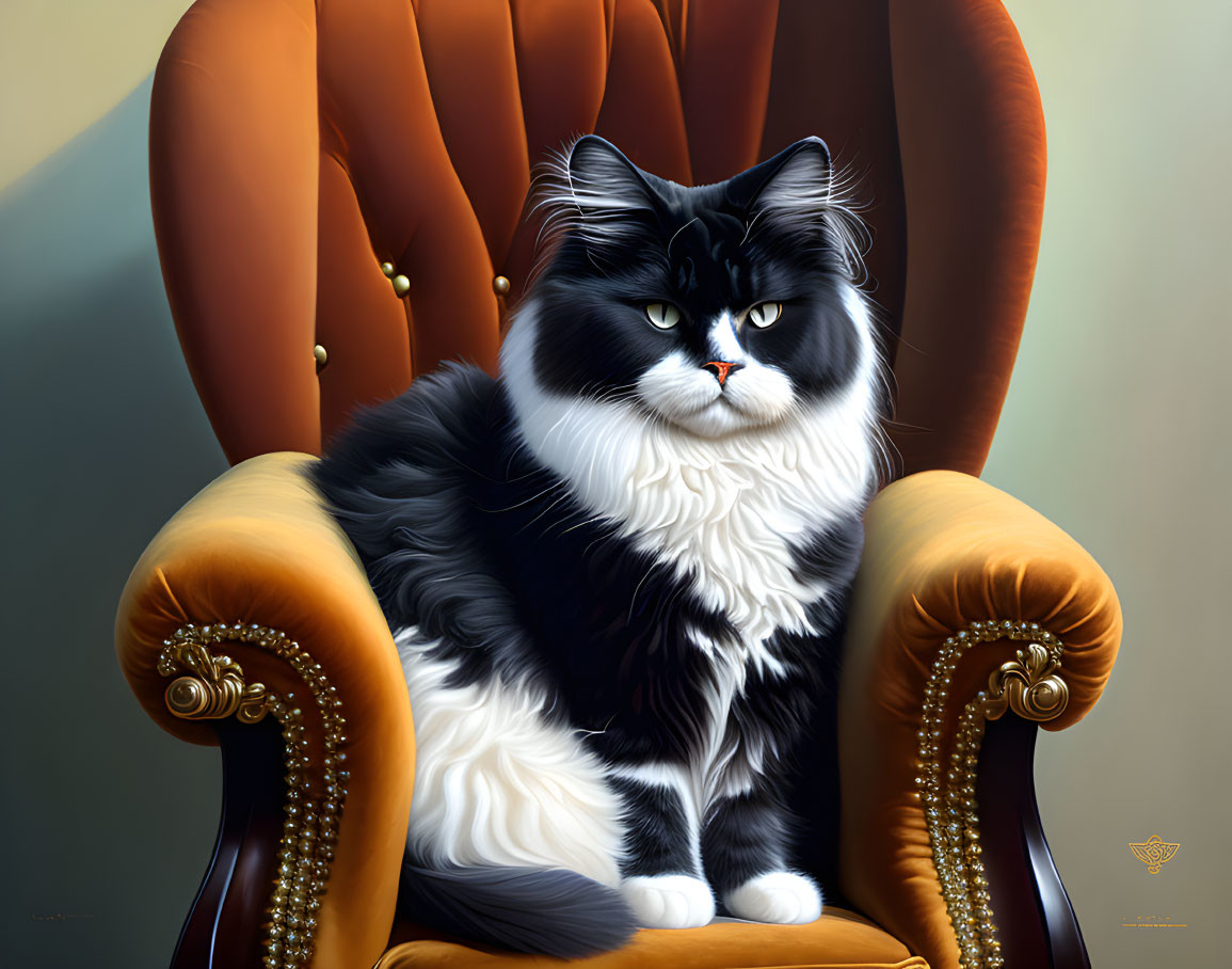 Black and White Fluffy Cat on Luxurious Orange Armchair