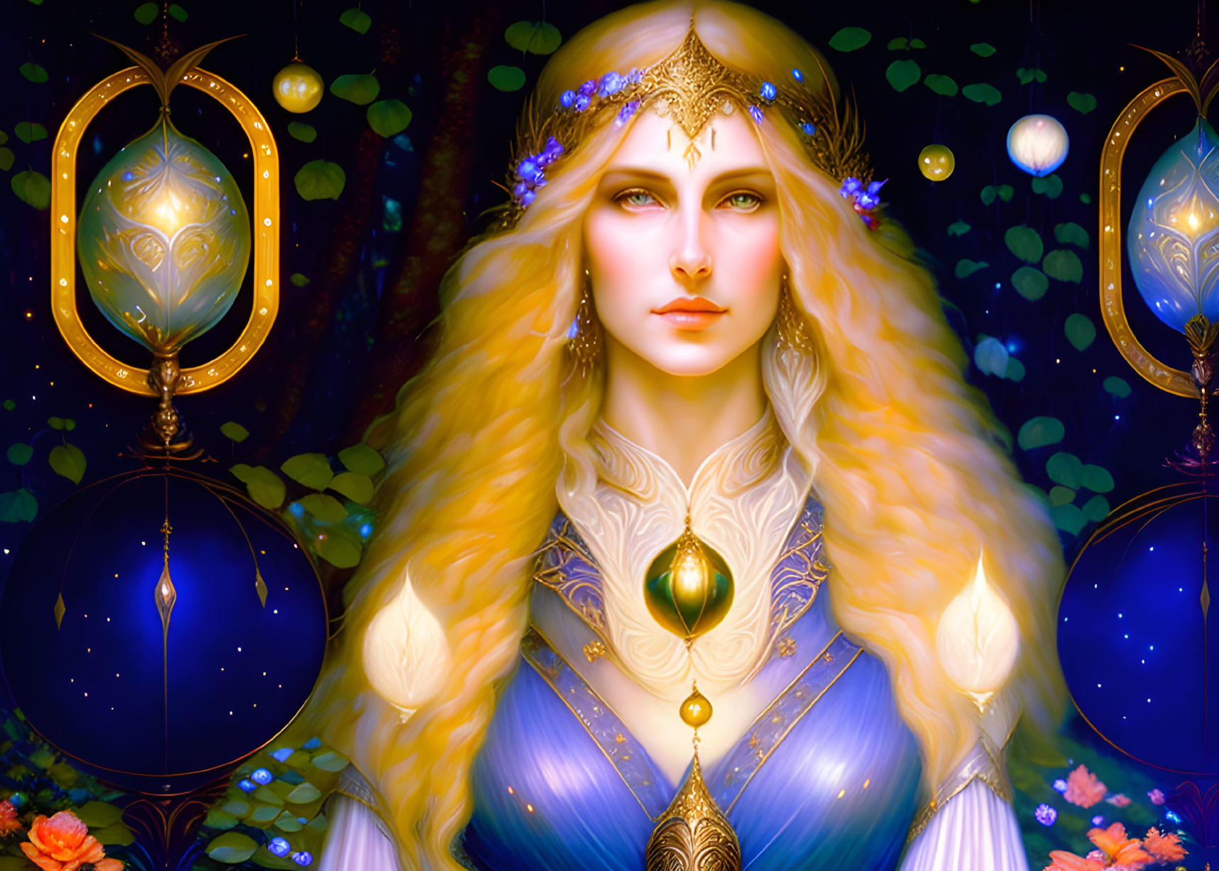 Fantastical regal woman with blonde hair and golden diadem in glowing lanterns backdrop