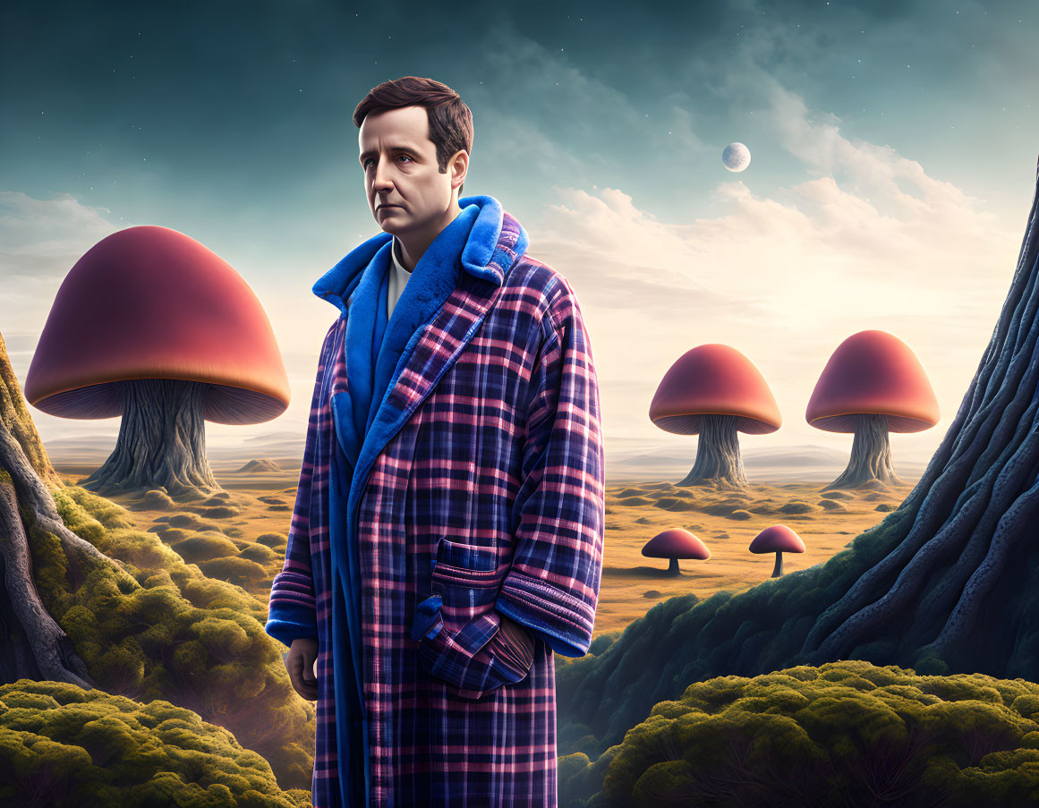 Man in plaid robe in fantasy landscape with giant red-capped mushrooms under twilight sky.