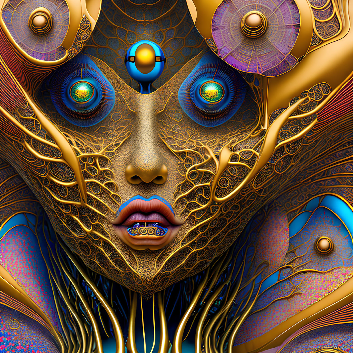 Colorful digital artwork: Face with multiple eyes and intricate patterns