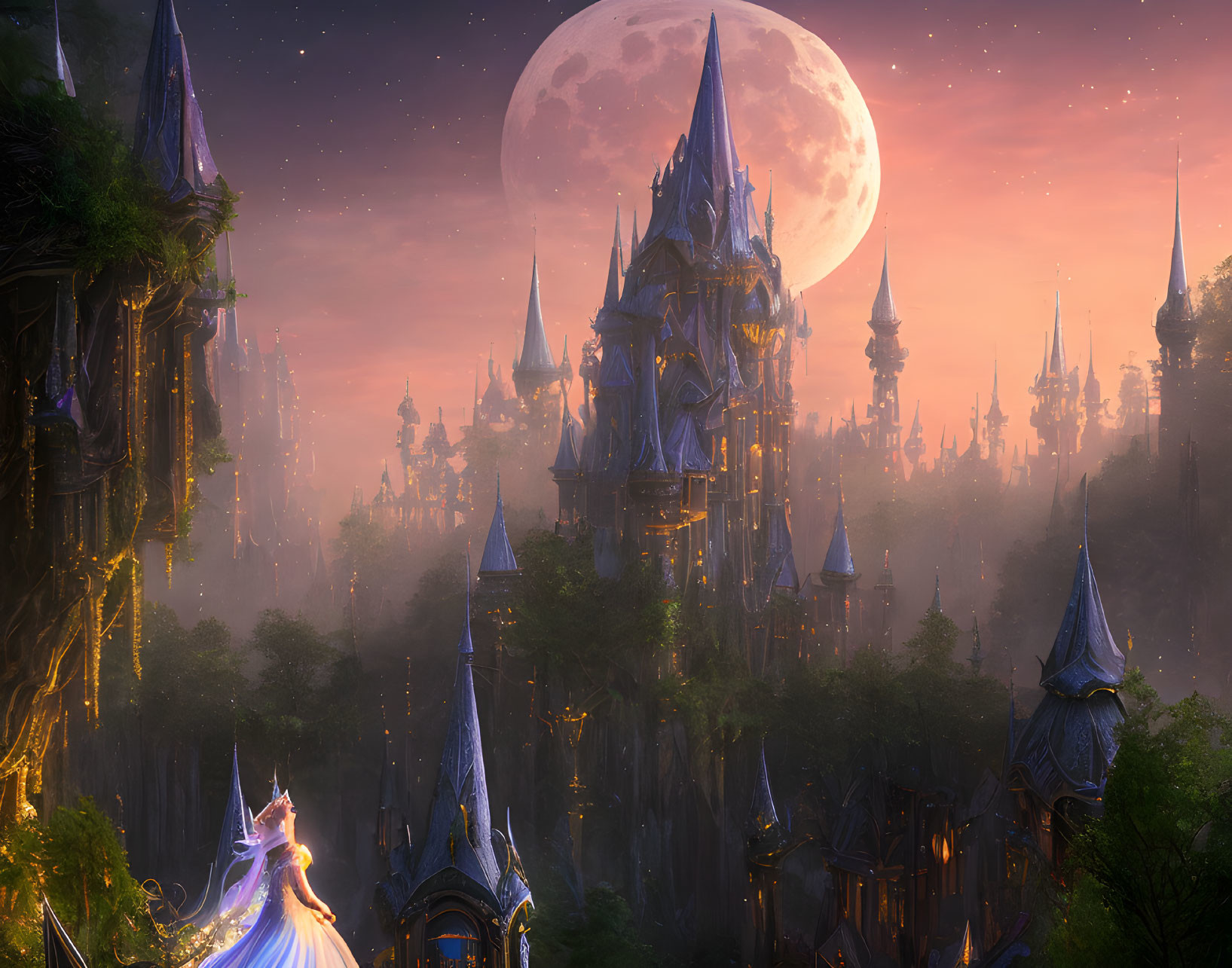 Fantastical castle with spires under large moon in twilight forest