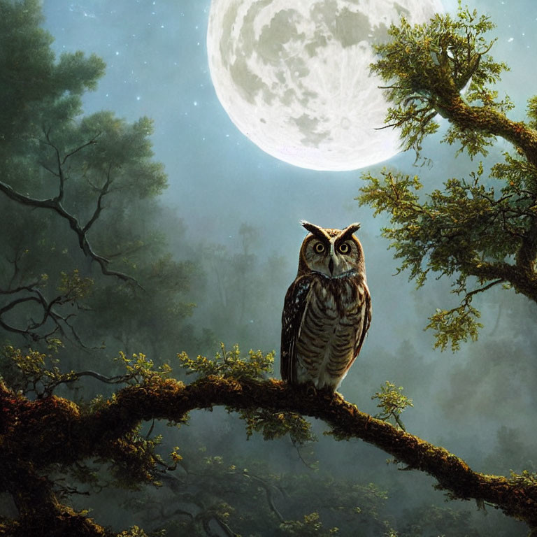 Nocturnal owl on mossy branch in moonlit forest