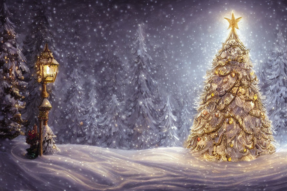 Golden-decorated Christmas tree with star topper in snowy night landscape