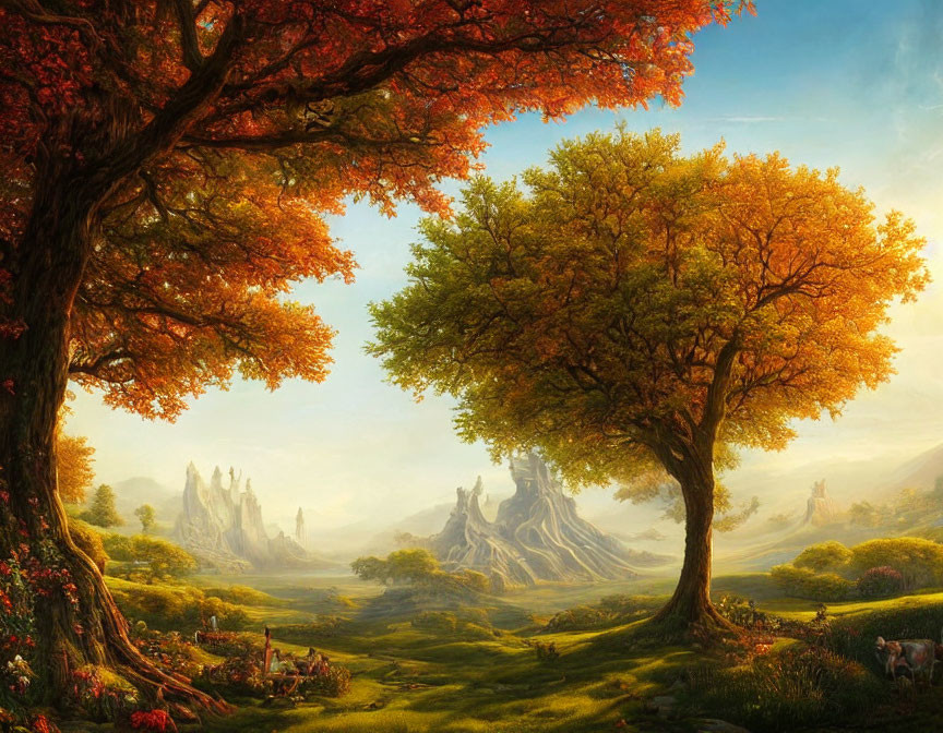 Vibrant autumn trees in sunlit landscape with rock formations