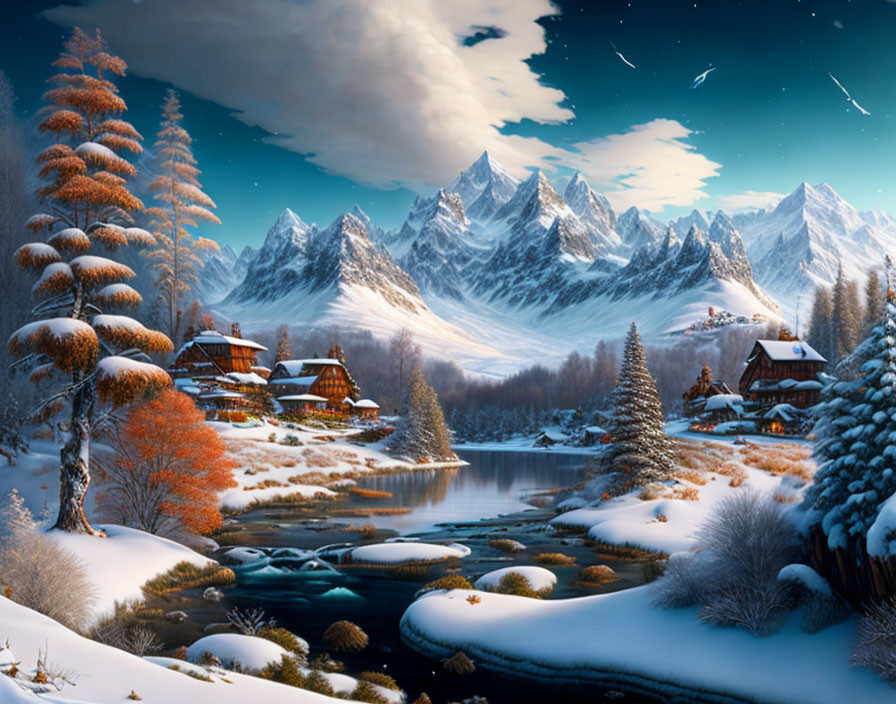 Scenic Snow-Covered Village at Twilight