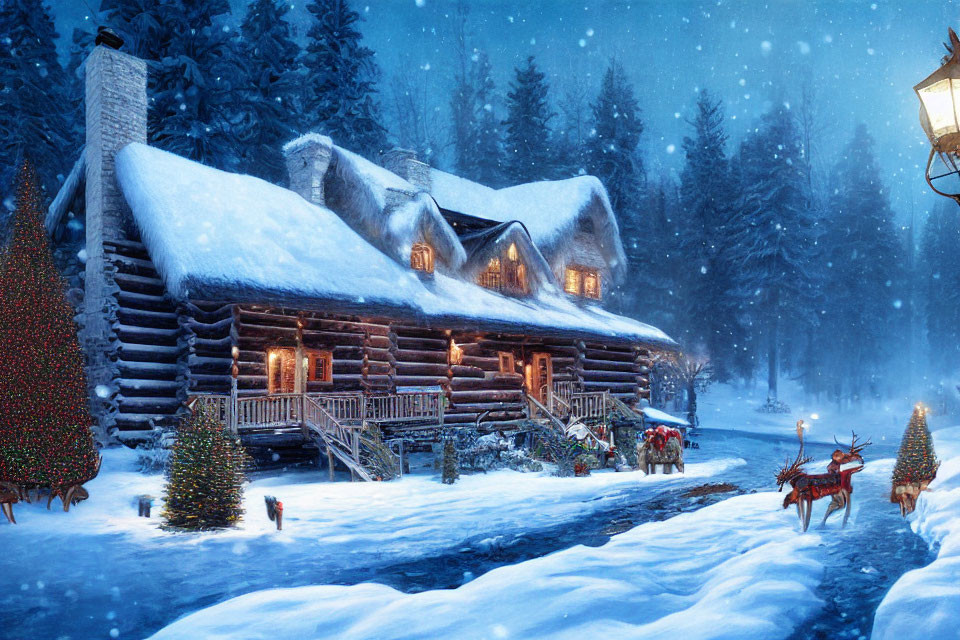 Snowy Christmas cabin with lights, trees, reindeer, and streetlamp