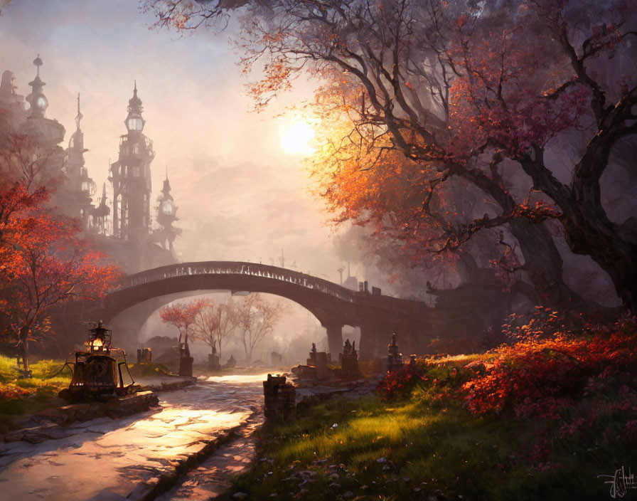 Fantasy landscape with pink tree, stone bridge, and castle at sunset