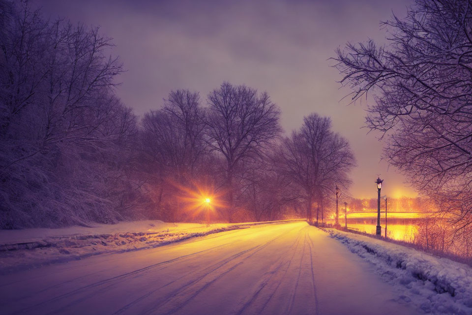Snow-covered trees, lit path, serene winter scene
