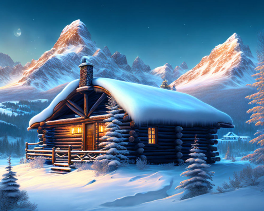Snow-covered log cabin in dusk with glowing window, mountains and starry sky.