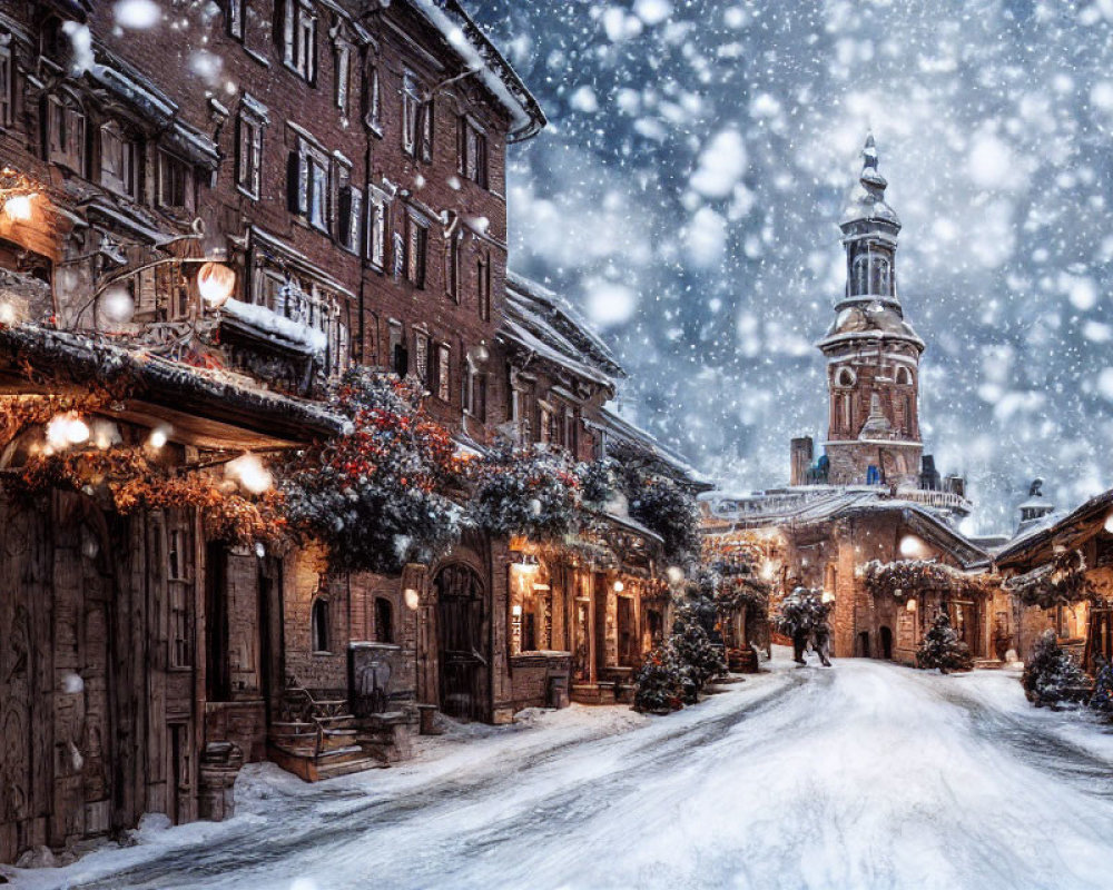 Snow-covered street with traditional buildings and festive decorations in heavy snowfall