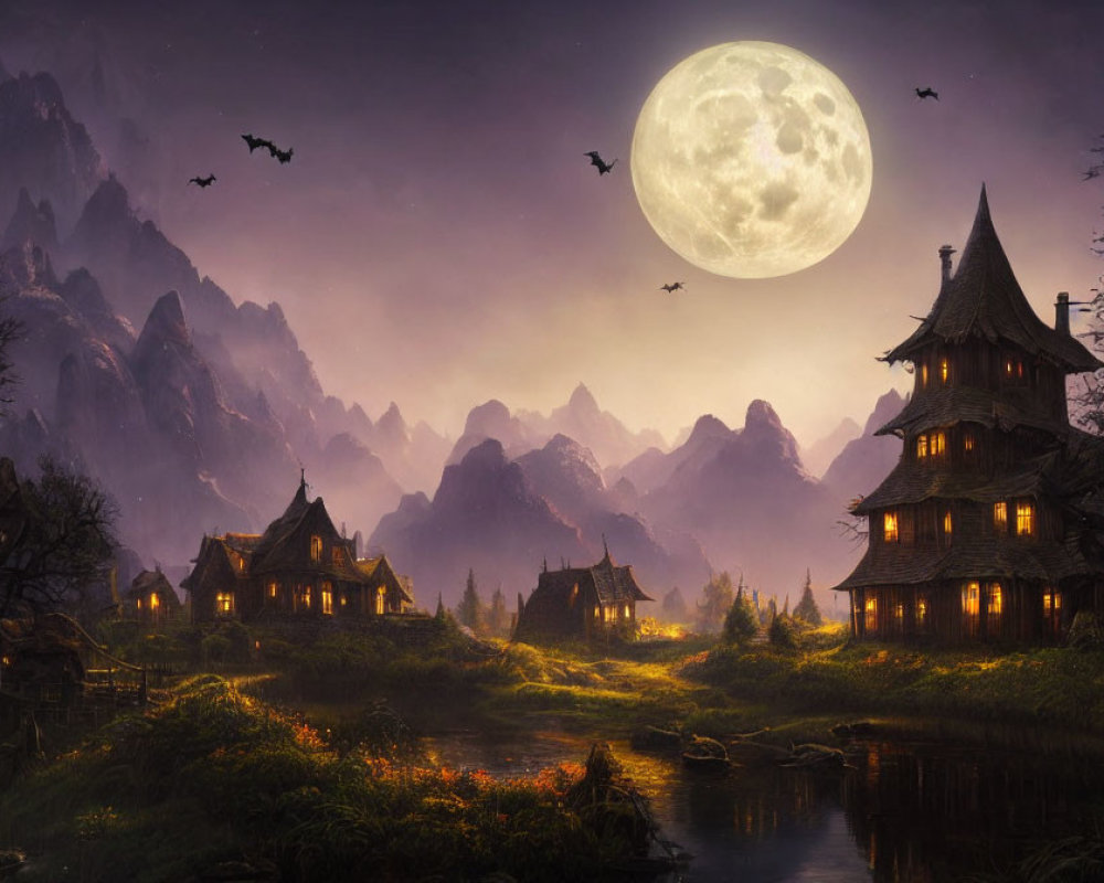 Fantasy Night Landscape with Full Moon, Traditional Houses, River, Mountains, and Bats