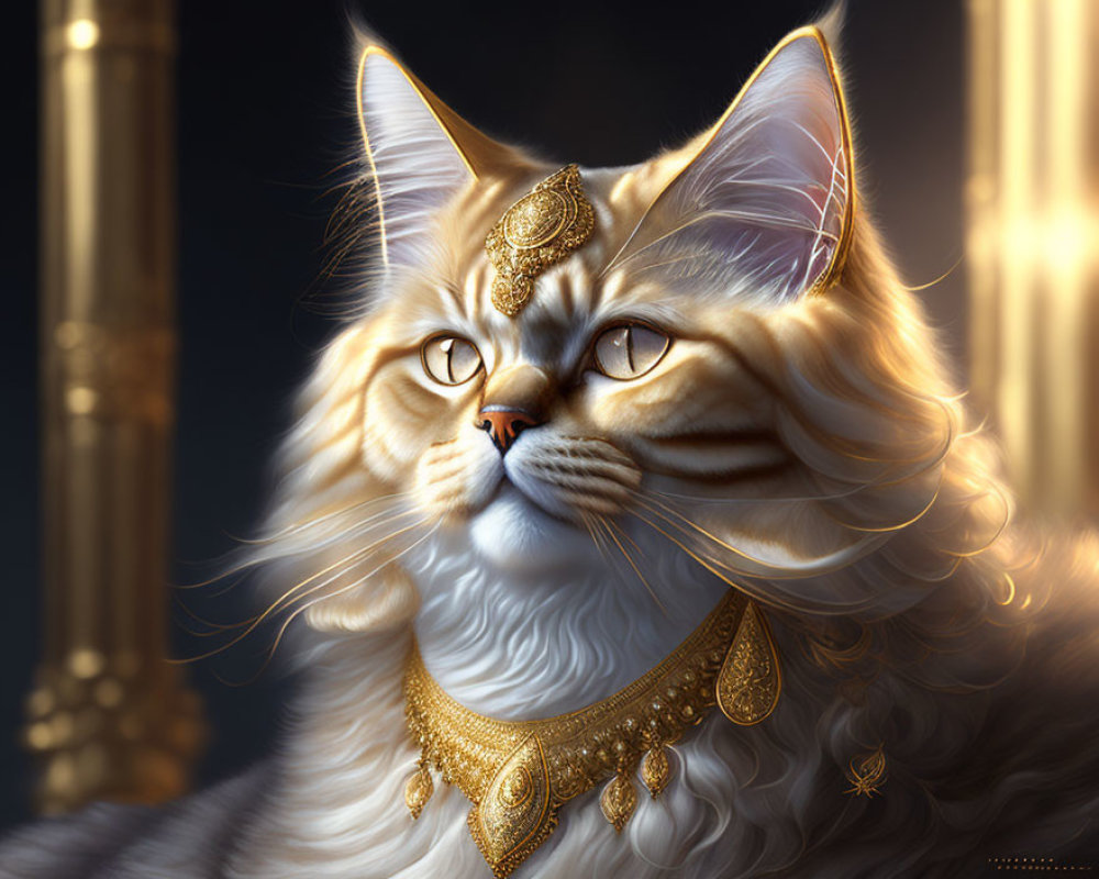 Majestic cat adorned with golden jewelry against luxurious backdrop