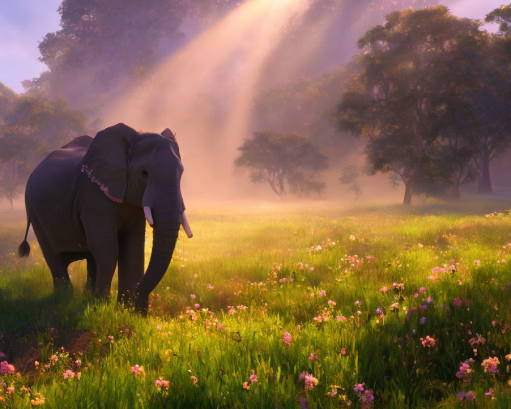 Elephant in Sunlit Meadow with Pink and White Flowers