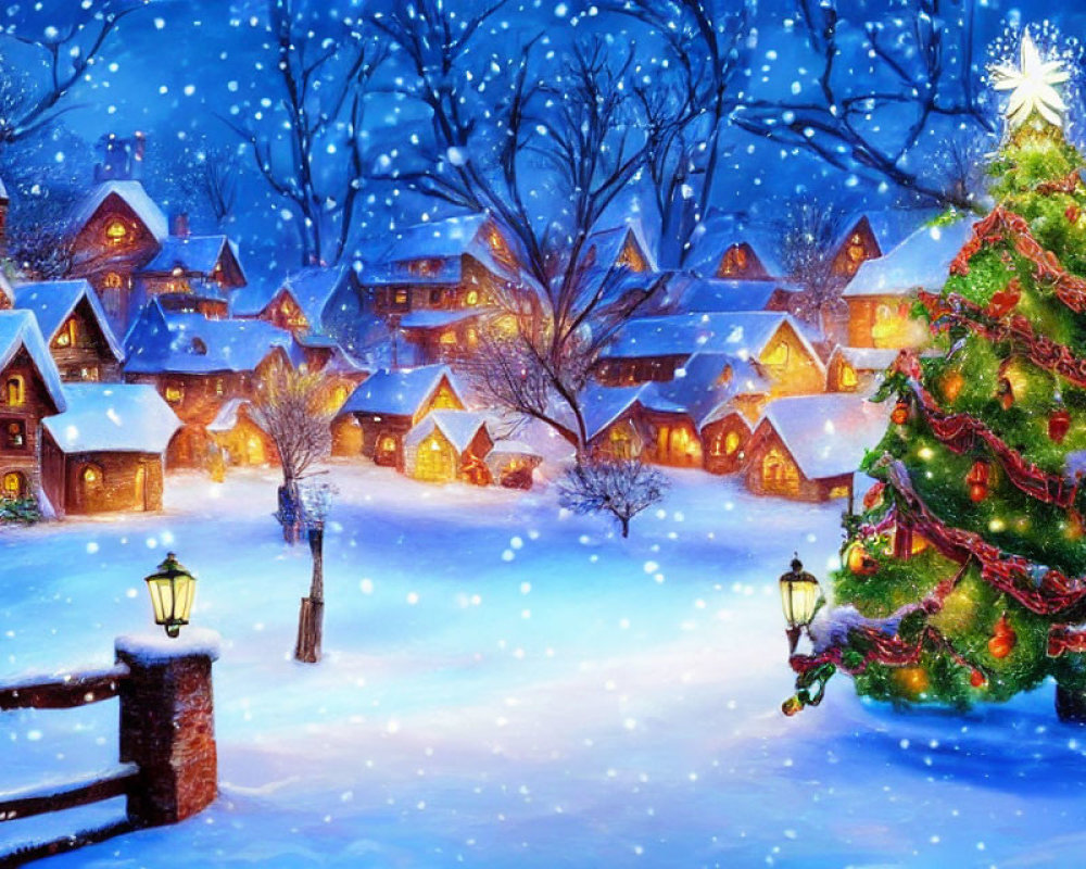 Winter Village Scene with Christmas Decorations and Falling Snowflakes