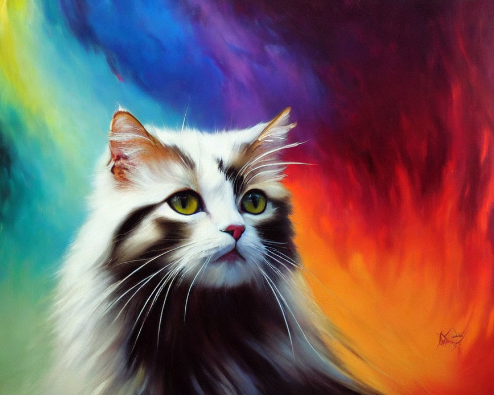 Long-Haired Cat with Green Eyes on Colorful Abstract Background