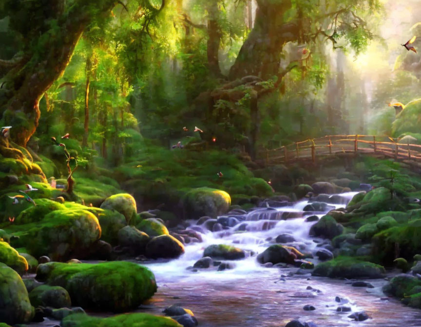 Tranquil forest landscape with sunlight, stream, moss-covered rocks, and birds