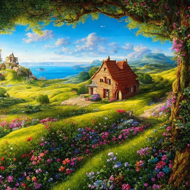 Tranquil landscape with house, flowers, hills, castle, sea & sky