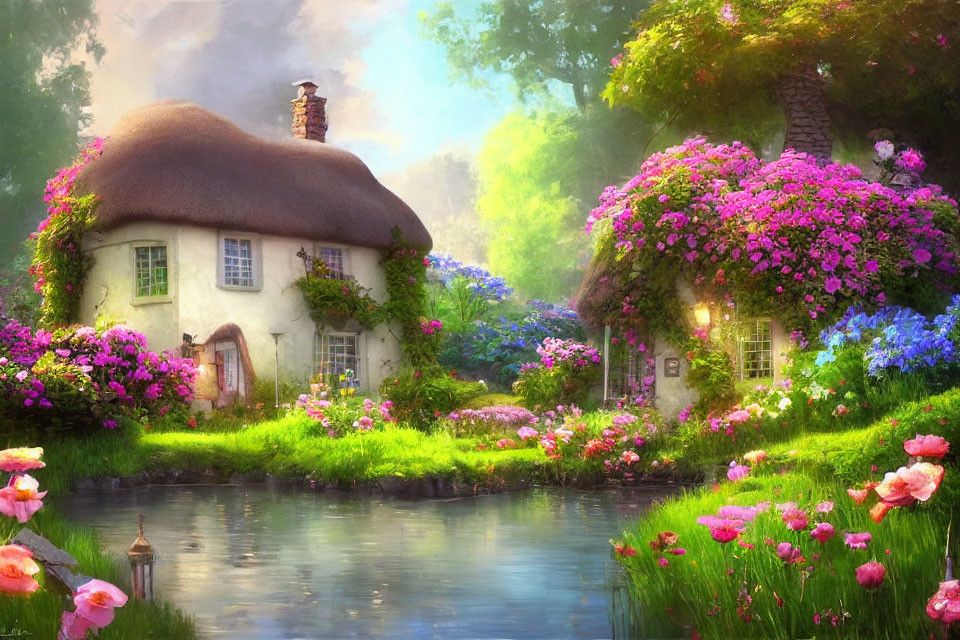Thatched cottage with lush gardens, flowers, and gentle stream