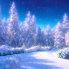 Stylized rabbit in snow-covered landscape with pine trees at twilight