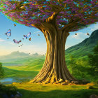 Majestic blooming tree in vibrant landscape with butterflies and mountain backdrop