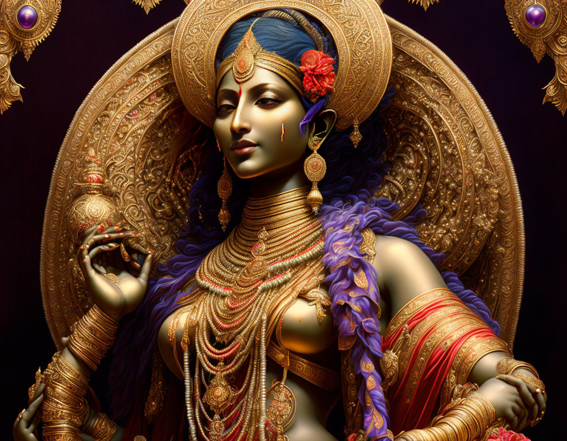 Intricate portrayal of a adorned female figure with golden halo and vibrant attire