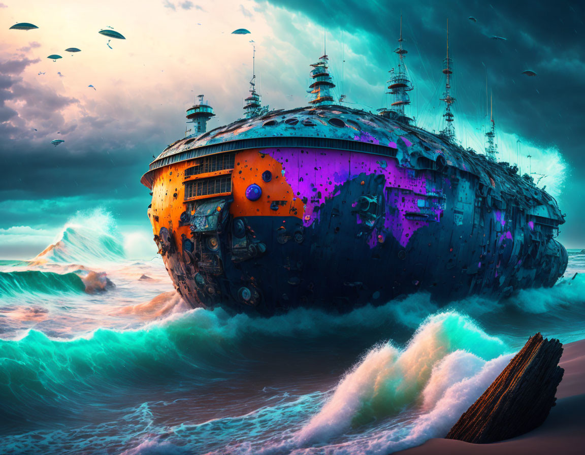 Futuristic ships stranded on stormy sea with towers and antennae under twilight sky.