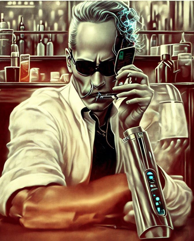 Man in sunglasses with slicked-back hair lighting cigarette with futuristic lighter.