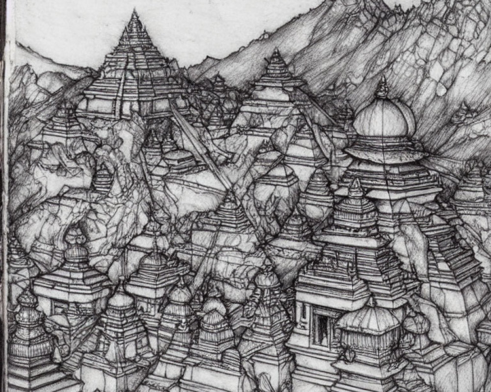 Detailed Pencil Sketch: Ancient Temple Complex in Mountainous Landscape