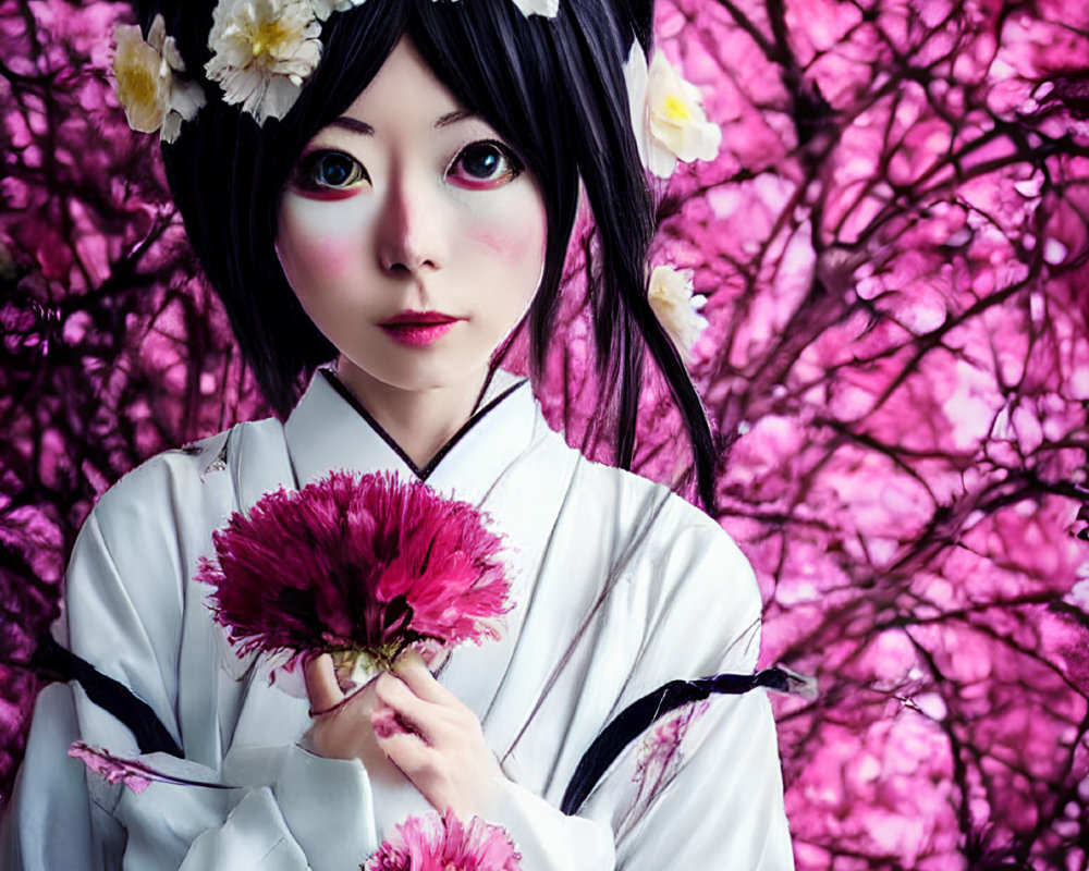 Cosplayer in floral headdress and traditional attire among pink blossoms