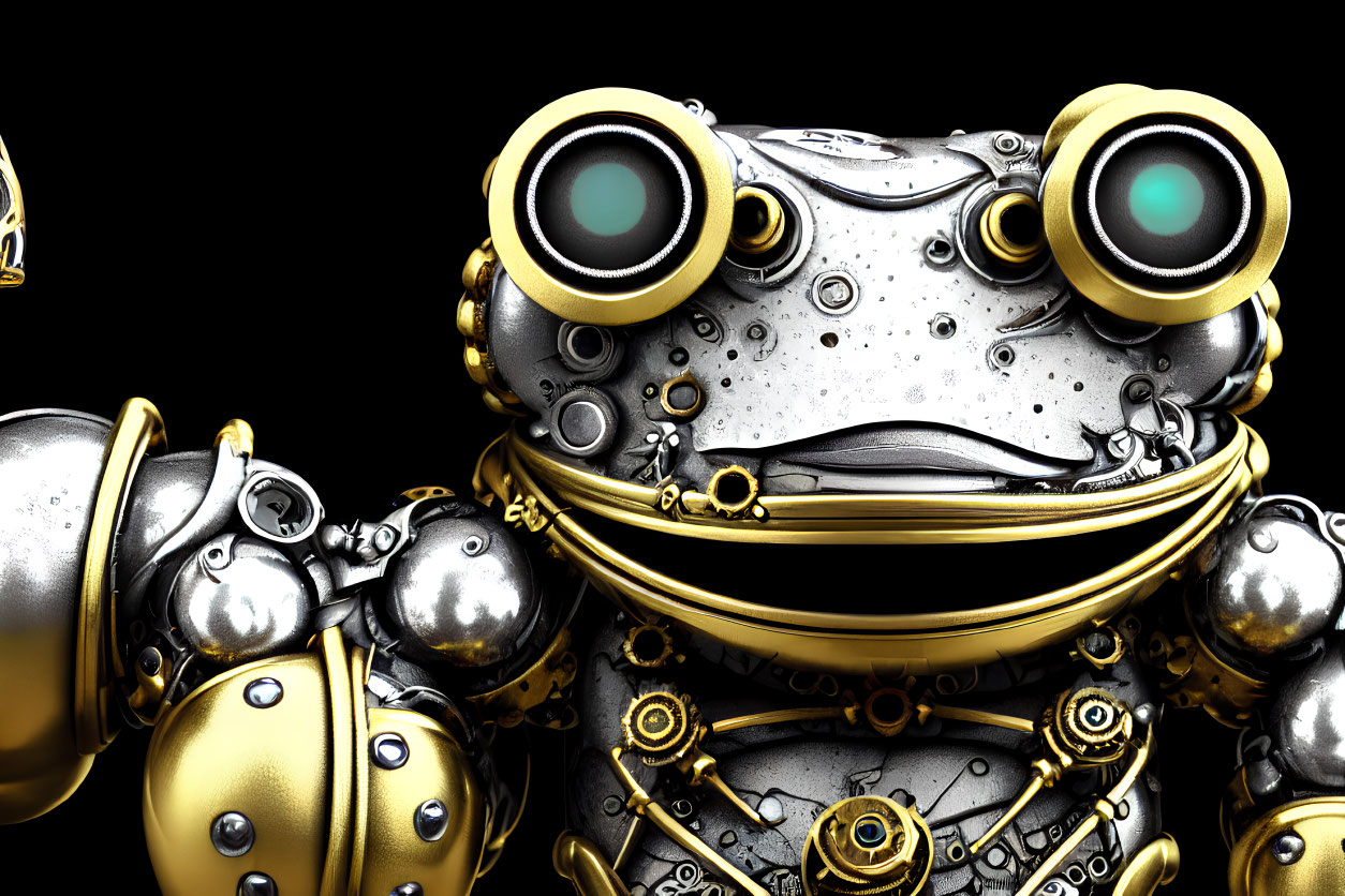 Intricate steampunk mechanical frog with brass details on black background