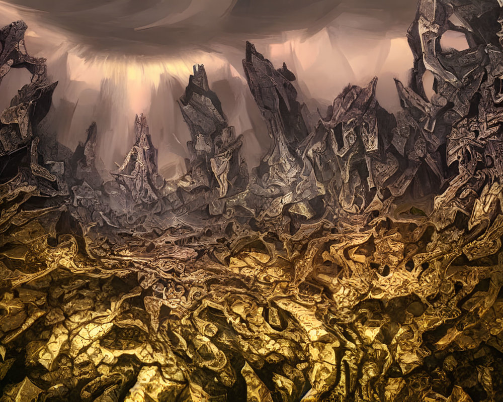 Majestic cavern with crystal formations and golden light
