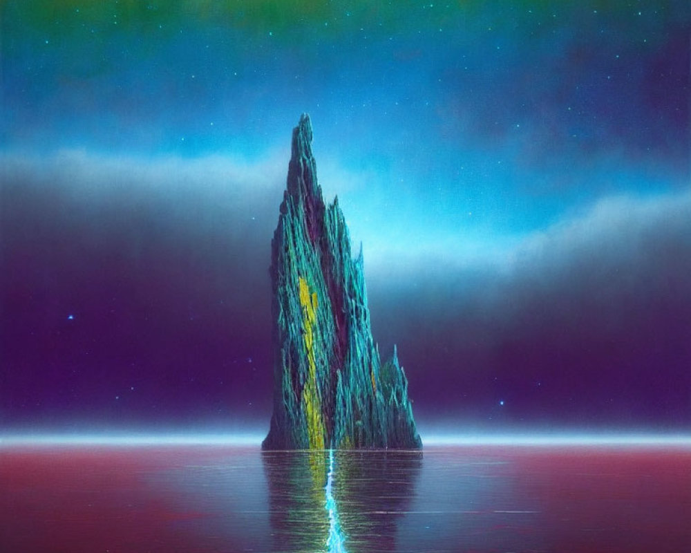 Majestic rock formation in magenta sea under aurora-lit night sky