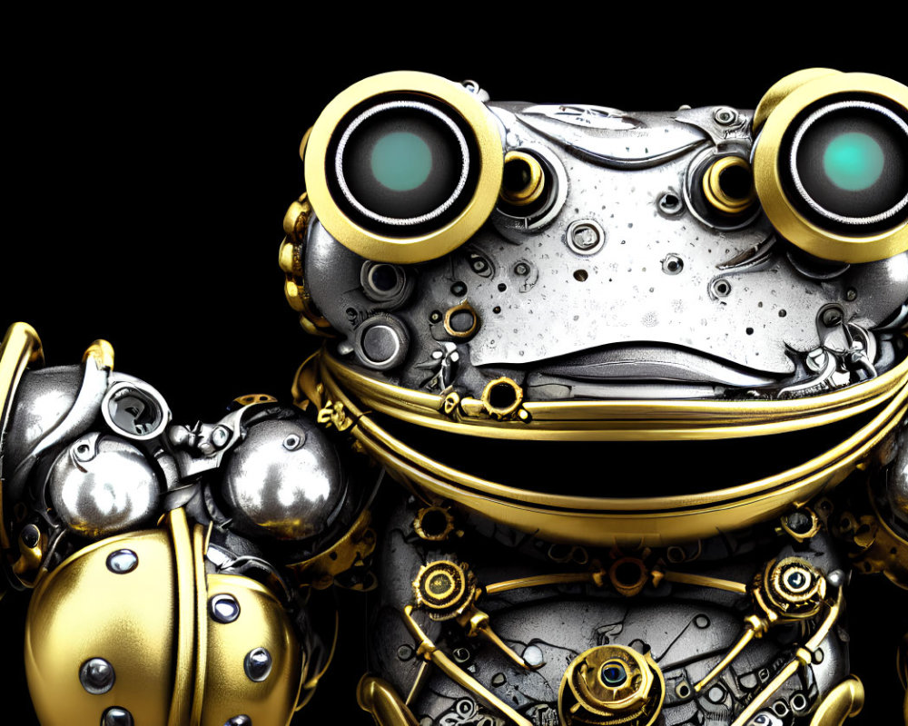 Intricate steampunk mechanical frog with brass details on black background