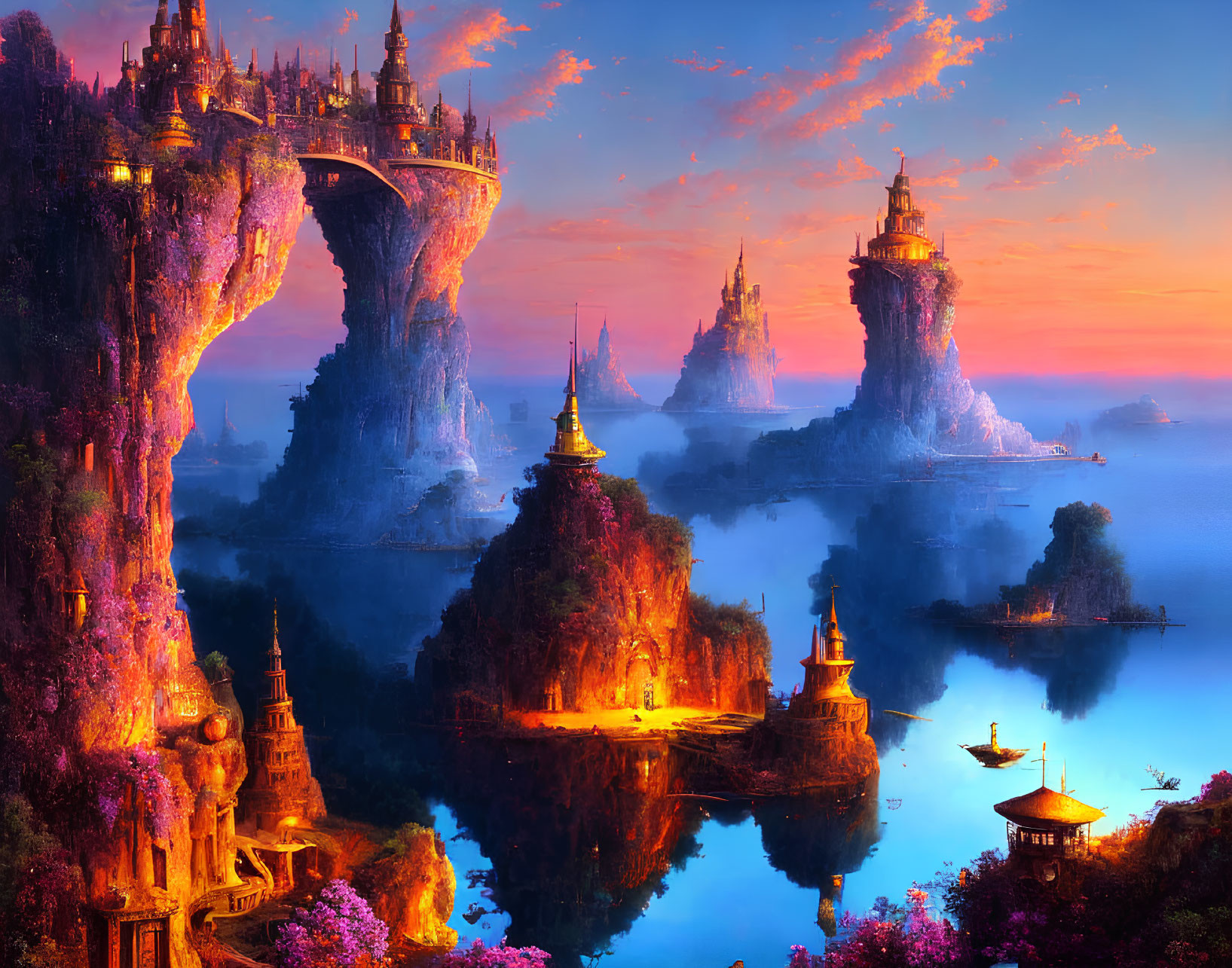 Fantasy landscape with cliffside castles in sunset-hued sky