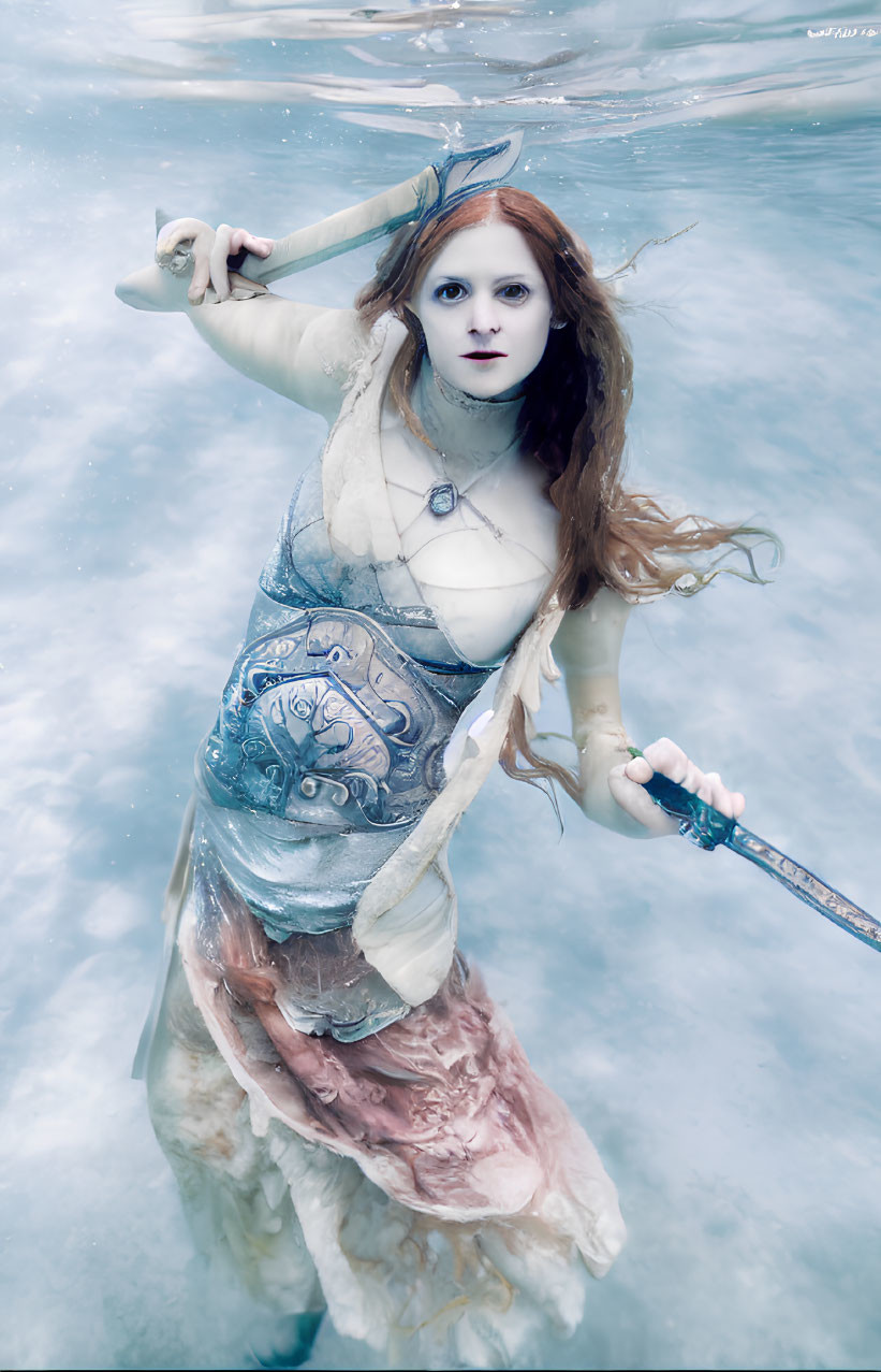 Pale-skinned person in mythical sea creature costume with red hair and trident underwater.