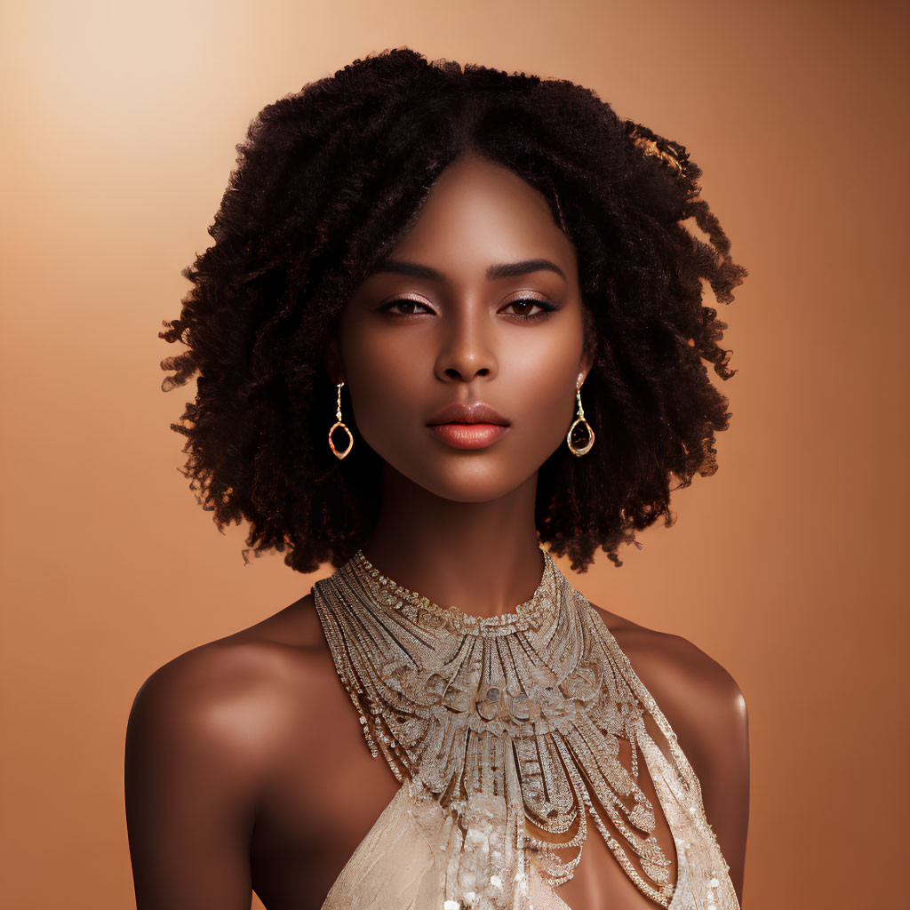 Curly-Haired Woman Portrait with Beaded Necklace and Hoop Earrings