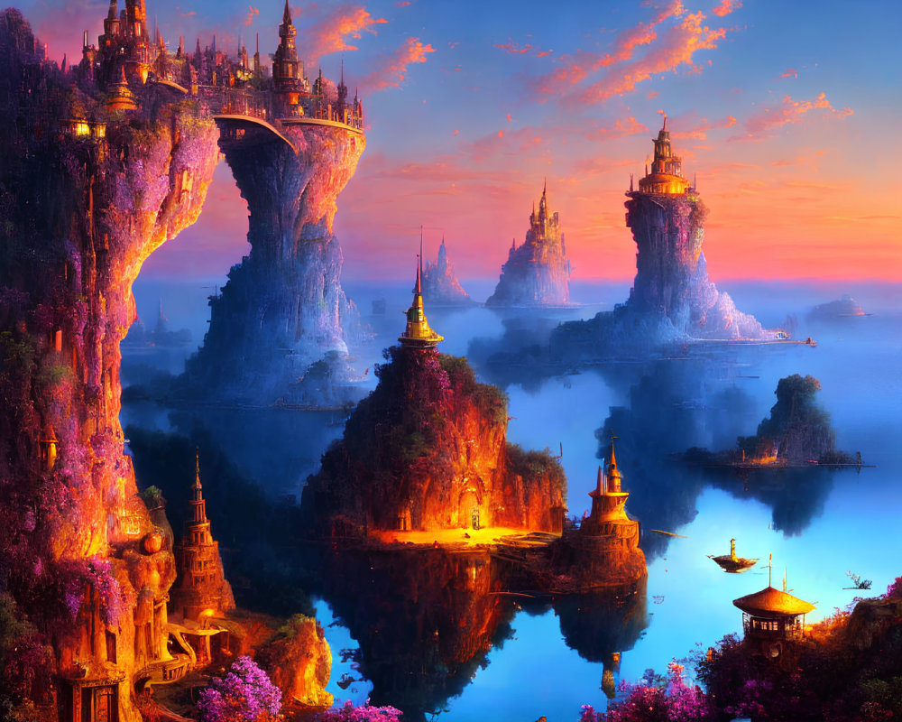 Fantasy landscape with cliffside castles in sunset-hued sky