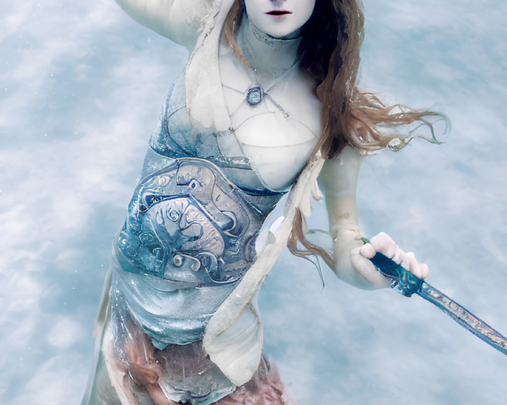 Pale-skinned person in mythical sea creature costume with red hair and trident underwater.