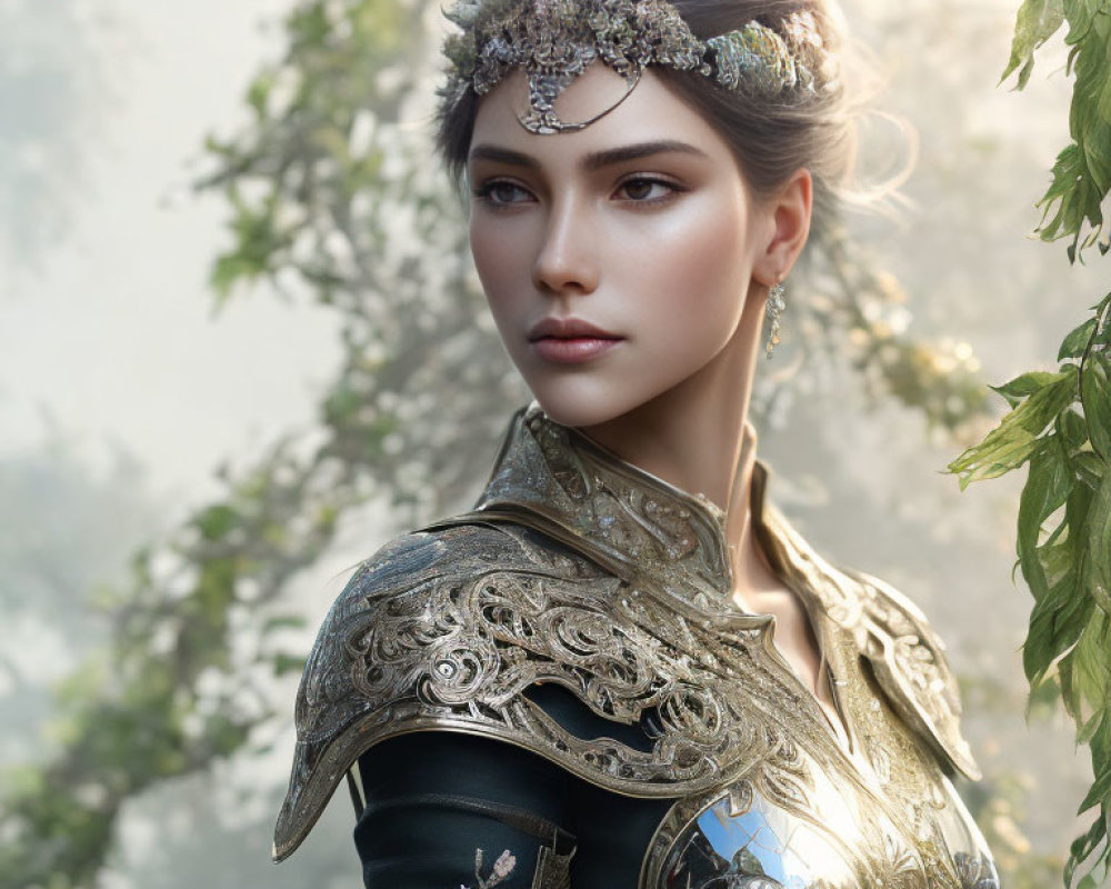 Regal woman in golden armor and crown on soft background