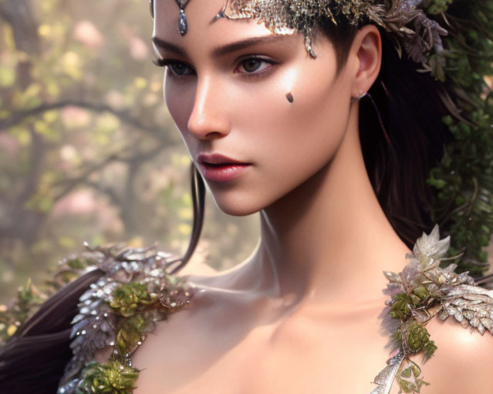 Fantasy styled portrait of a woman with leafy headdress and silver armor