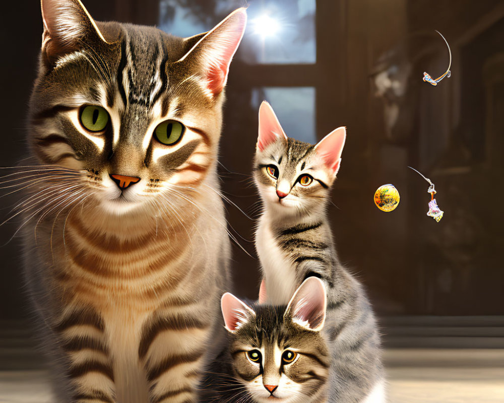 Three striped cats with green eyes by a sunny window, with whimsical floating elements.
