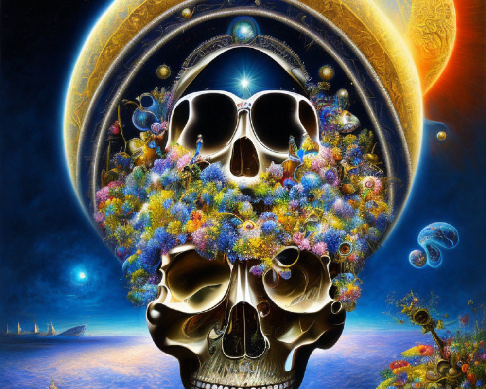 Colorful Skull Illustration with Flowers on Cosmic Background