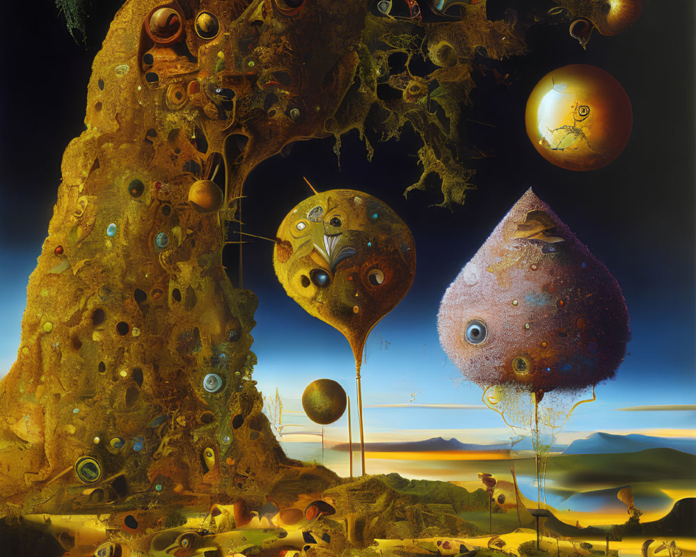 Surreal landscape with floating orbs and eye-like motifs on desert backdrop