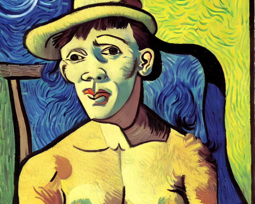 Stylized portrait with straw hat and yellow attire on vibrant Van Gogh-style background